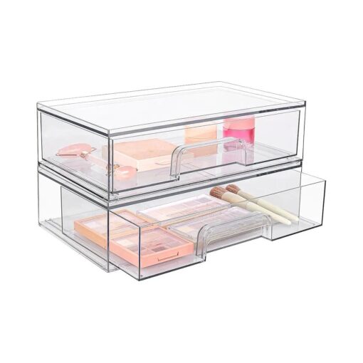 Vtopmart 12" W Clear Stackable Storage Drawers,2 Pack Acrylic Plastic Organizers Bins for Makeup Palettes, Cosmetics, and Beauty Supplies, Ideal for Vanity, Bathroom, Cabinet, Desk Organization