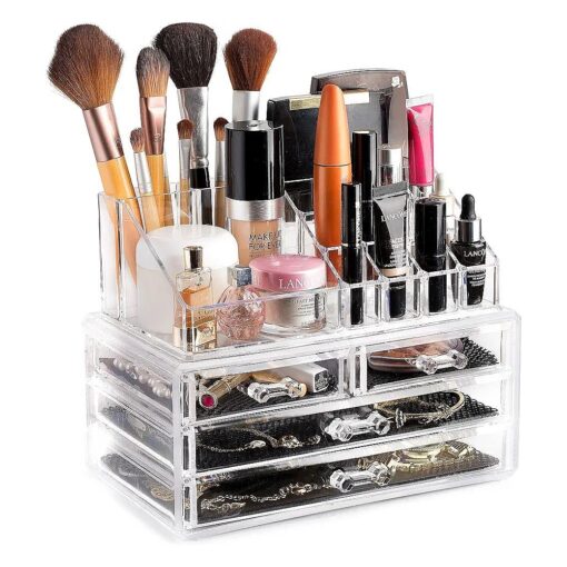 Masirs Clear Cosmetic Storage Organizer, Easily Sort Make-up, Jewelry & Hair Accessories, Looks Elegant on Your Vanity, Bathroom Counter or Dresser, Transparent Design for Easy Visibility