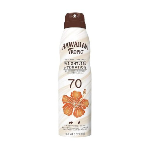 Weightless Hydration Clear Spray Sunscreen SPF 70, 6oz | Hawaiian Tropic Sunscreen SPF 70, Sunblock, Oxybenzone Free Sunscreen, Spray On Sunscreen, Body Sunscreen Spray, 6oz