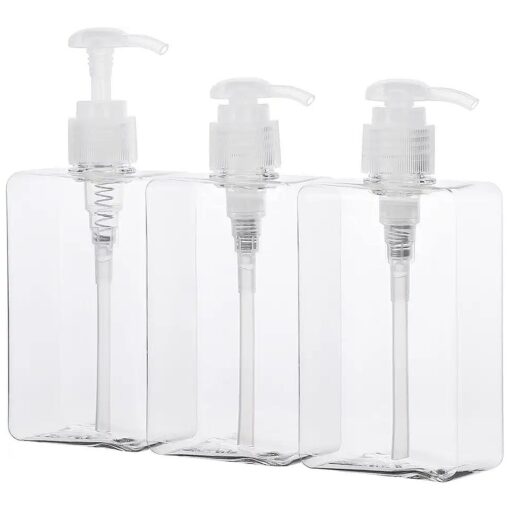 Refillable Shampoo and Conditioner Bottles, 9.5oz/280ml Clear Plastic Pump Dispensers for Shower, Square Empty Bathroom Bottle for Body Wash, Essential Oil, Soap Liquid, Lotion, 3Pack