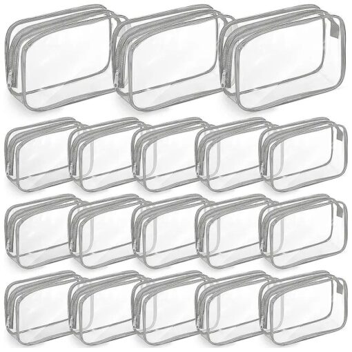 18 Pack Clear Makeup Bags Clear Cosmetic Bag PVC Plastic Zippered Pouches Portable Toiletry Bags for Women Men Travel Vacation Bathroom Organizing ( Gray Border )