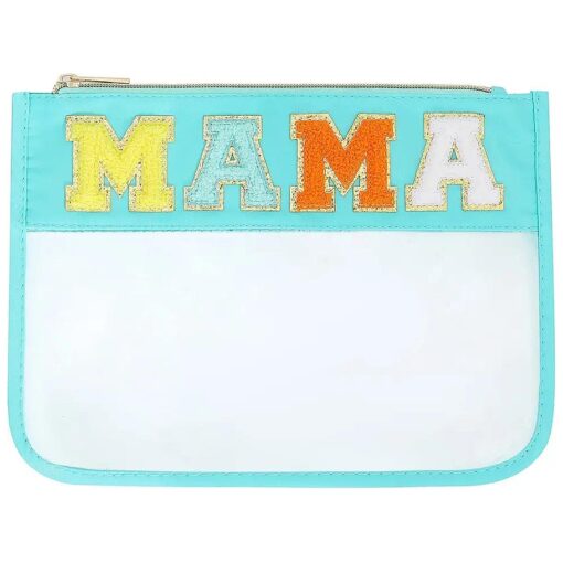 Chenille Letter Bag Clear Flat Pouch, Multi-purpose PVC & Nylon Clear Cosmetic Bags, Travel Makeup Bag With Zipper For Women, Clear Pouches for Travel, Gym, Beach ( Blue-Mama )