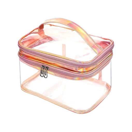 Clear Makeup Bag Toiletry Organizer Waterproof Large Makeup Bag Transparent Makeup Case Double Layer Cosmetic Bag Multi Function Travel Makeup Bag for Toiletries Makeup Travel Portable, Pink