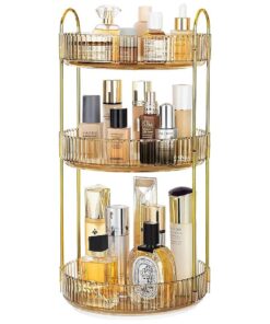 360 Rotating Makeup Organizer Countertop 3 Tier Bathroom Organizer Spinning Perfume Organizers, Skincare Organizers Makeup Carousel Cosmetic Brush Storage for Vanity, Countertop, Gold