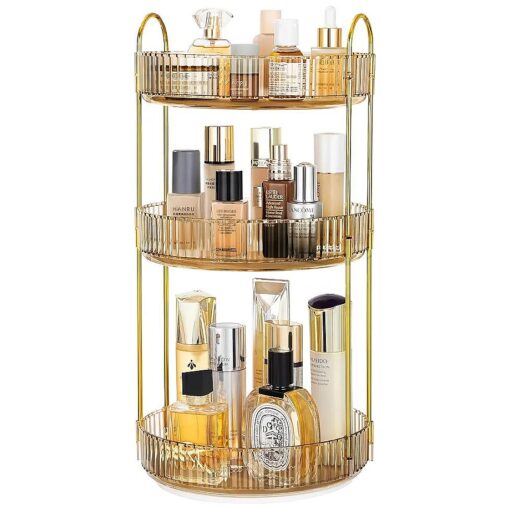 360 Rotating Makeup Organizer Countertop 3 Tier Bathroom Organizer Spinning Perfume Organizers, Skincare Organizers Makeup Carousel Cosmetic Brush Storage for Vanity, Countertop, Gold