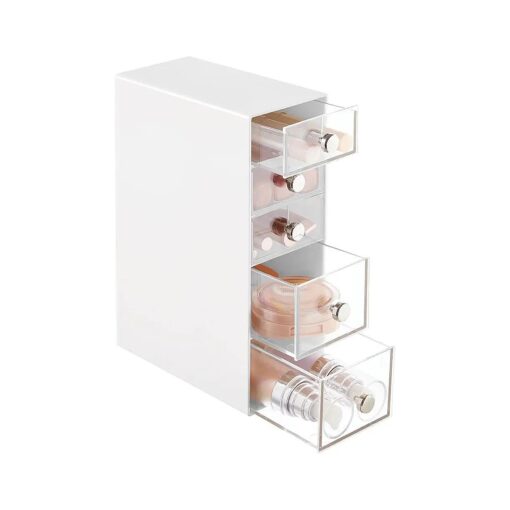 mDesign Plastic 5-Drawer Organizer for Cosmetic Storage - 5-Tier Storage Makeup Organizer - Stackable Organization with Pull-Out Drawers for Bathroom, Vanity, or Desk - Lumiere Collection, White/Clear