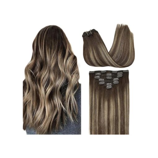 GOO GOO Clip in Hair Extensions Real Human Hair, 16inch 120g 7Pcs, 4/26/4 Balayage Chocolate Brown to Honey Blonde, Remy Human Hair Extensions Clip ins for Women, Natural Human Hair