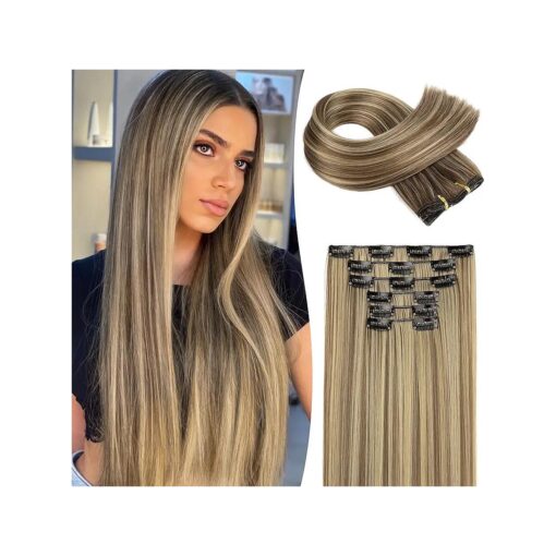 Clip in hair extensions, LONAI 6PCS Straight 24" Hair Extensions for Women, Heat Resistant Synthetic Hairpiece-Cool Brown with Blonde Highlights