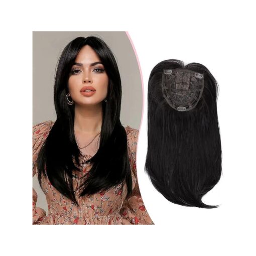 Clip in Synthetic Hair Topper with Bangs for Thinning Hair, Long Wavy Black Hair Extensions Top Wiglet Hairpieces for Women with Thinning Hair