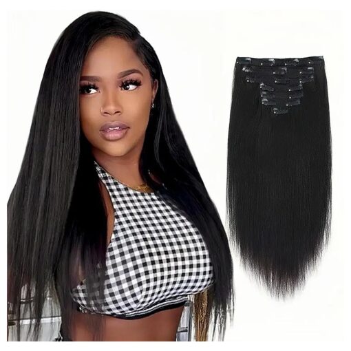 Yaki Straight Clip Ins Hair Extension Relaxed Italian Yaki 16inch 120g per Pack Remy Human Hair Coarse Yaki Clip In Hair Extensions For Black Women 7 Pieces set