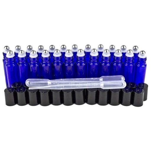 24 Glass Cobalt Blue Essential Oils Roller Bottles Refillable 10 ml Roll On Perfume/Aromatherapy/Organic Beauty Bottles with Stainless Steel Roller Balls & Cap, with 3-3 ml Droppers