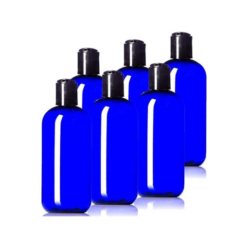 8oz Plastic Cobalt Blue Bottles ( 6 Pack ) BPA-Free Squeeze Containers with Disc Cap, Labels Included