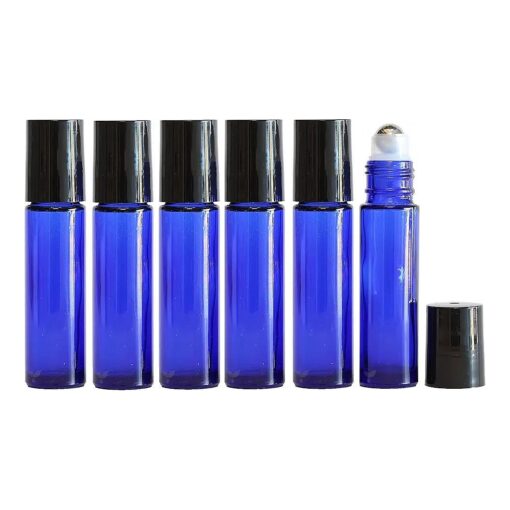 Cobalt Blue Glass Roll-On Bottles with Stainless Steel Roller Balls ( 10 ml ) for Essential Oils, Colognes & Perfumes ( 6 pk )