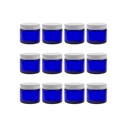 Cornucopia 2oz Cobalt Blue Glass Jars w/Metal Lids ( 12 Pack ) ; Straight Sided Containers for Creams, Cosmetics, Lotions and More