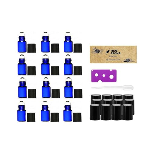 Premium Vials,12 pcs, Cobalt Blue, 2 ml Glass Roll-on Bottles with Stainless Steel Roller Balls - 1 Dropper and 1 Opener included, Refillable Aromatherapy Essential Oil Roll On ( 2ml )