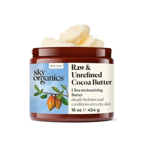 Sky Organics Cocoa Butter for Body, 100 % Raw & Unrefined Ultra-Moisturizing Butter to Deeply Hydrate & Condition Skin, Promotes Smooth Skin Tone & Texture, Suitable for Tight or Extra Dry Skin, 16 Oz .