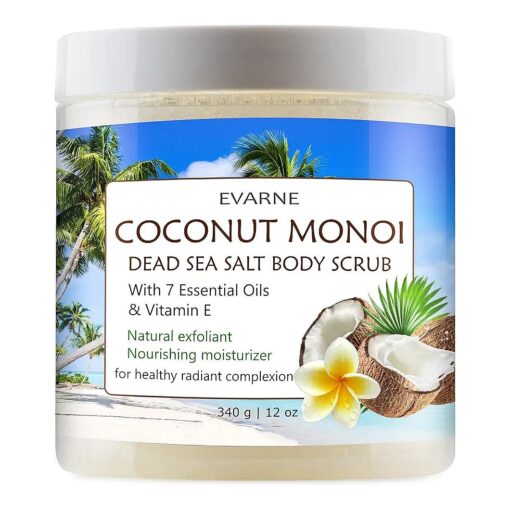 Coconut Monoi Dead Sea Salt Body Scrub with 7 Essential Oils and Vitamin E