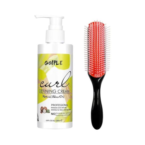 Curl Defining Cream for Curly Hair - Curling Perfection Wavy Hair Products Curl Cream, Hair-Smoothing Anti-Frizz Cream to Define All Natural Curl Types & Hair Textures with 9 Row Brush