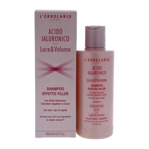 L'Erbolario Hyaluronic Acid Filler Effect Shampoo - Effective Treatment To Moisturize Hair - Cleanser For All Hair Types - Retains Water For A Filler Effect - Restores Softness With Coconut - 6.7 Oz