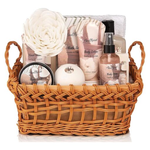 Spa Baskets For Women - Luxury Bath Set With Coconut & Vanilla - Spa Kit Includes Wash, Bubble Bath, Lotion, Bath Salts, Body Scrub, Body Spray, Shower Puff, Bathbombs, Soap and Towel