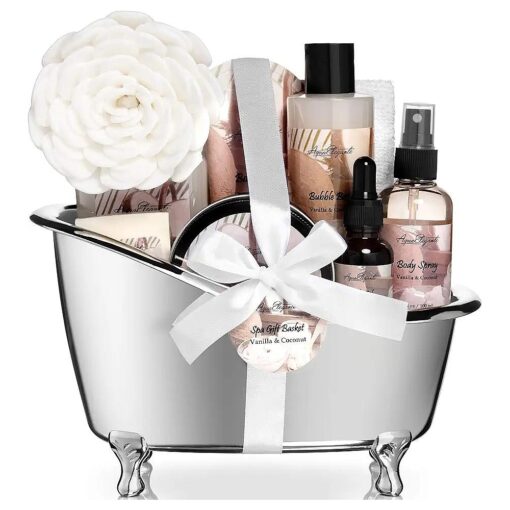 Spa Gift Baskets For Women - Luxury Bath Set With Coconut & Vanilla - Spa Kit Includes Body Wash, Bubble Bath, Lotion, Body Butter, Soap, Body Spray, Shower Puff, and Towel