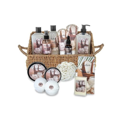 Bath Spa Gift Sets - Luxury Basket With Coconut & Vanilla - Spa Kit Includes Wash, Bubble Bath, Lotion, Bath Salts, Body Scrub, Shower Puff, Bathbombs, Soap and Towel