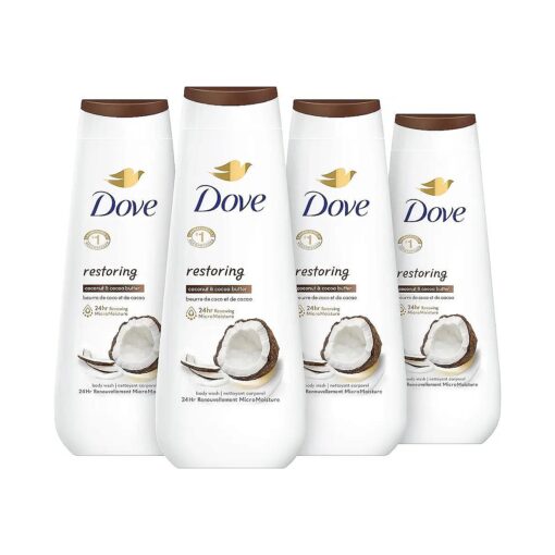 Dove Body Wash Restoring Coconut & Cocoa Butter 4 Count for Renewed, Healthy-Looking Skin Gentle Skin Cleanser That Effectively Washes Away Bacteria While Nourishing Your Skin 20 oz