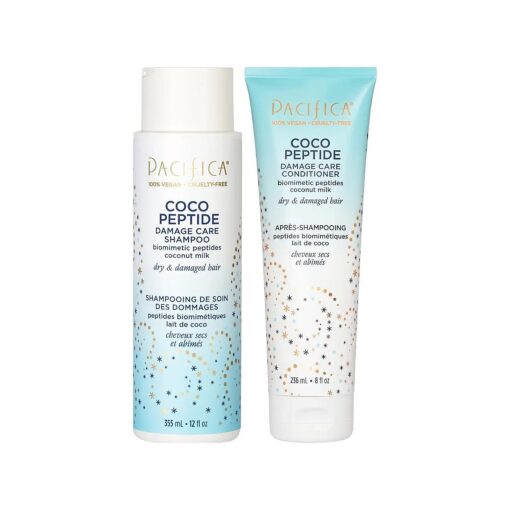 Pacifica Beauty, Coco Peptide Damage Care Shampoo + Conditioner Set, Dry & Damaged Hair, Repair Damage from Bleach, Color, Chemical Services, & Heat, Coconut, Peptide, Treat Split Ends & Breakage