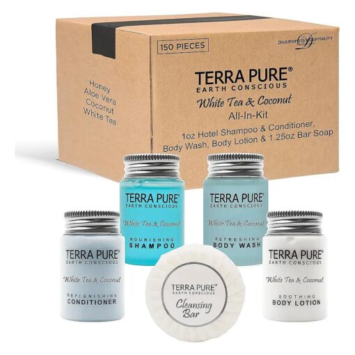 Terra Pure White Tea and Coconut Hotel Soaps and Toiletries Bulk Set |1-Shoppe All-In-Kit for Hotels | 1oz Shampoo & Conditioner, Body Wash, Lotion & 1.25oz Bar Soap |Travel Size Toiletries 150 Pieces