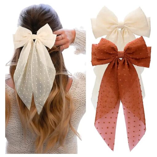 Large Hair Bows for Women, CEELGON 2PCS Big Bow Clips for Girls French Barrette Bowknot with Long Tail for Women ( Coffee, Beige )