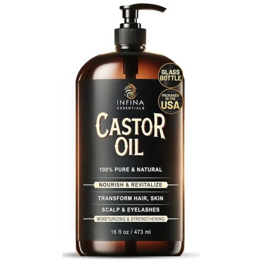 Pure Castor Oil Cold Pressed Hexane Free - Castor Oil Glass Bottle, Cold Pressed Castor Oil for Hair Growth, Face, Scalp, Skin, & Eyelashes - Nourish & Moisturize - 16 fl oz