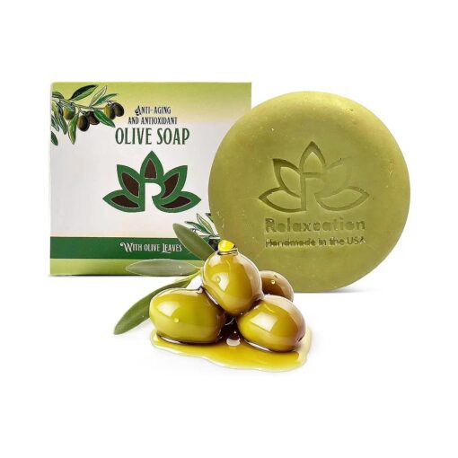 Relaxcation Natural Olive Oil Soap Bar with Organic Pure Greek Olive Oil and Olive Leaves - Anti-Aging and Antioxidant Moisturizing Cold Processed Soap - Handmade in USA