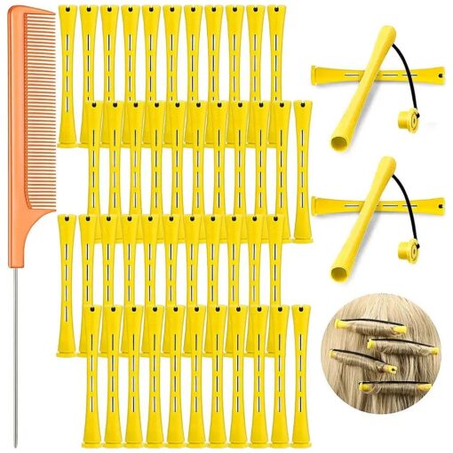 48 Pieces Hair Perm Rods Cold Wave Rods Plastic Perming Rods Curlers Hair Rollers with Steel Pintail Comb Rat Tail Comb for Hairdressing Styling Tools ( Yellow and Orange, 0.28 Inch/ 0.7 cm )