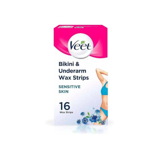 Veet Cold Wax Strips, Hair Removal, Bikini & Underarm, Sensitive Skin, 16 Strips each, 3 Finish Wipes ( Packing May Vary ) .