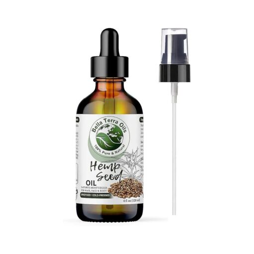 Bella Terra Oils Hemp Seed Oil, 4oz, 100 % Pure, Cold-pressed, Unrefined, Non-GMO, Chemical-free, Soothes Dry Skin, Rich in Omega 3, 6, Natural Moisturizer for Hair, Skin, Beard, Stretch Marks