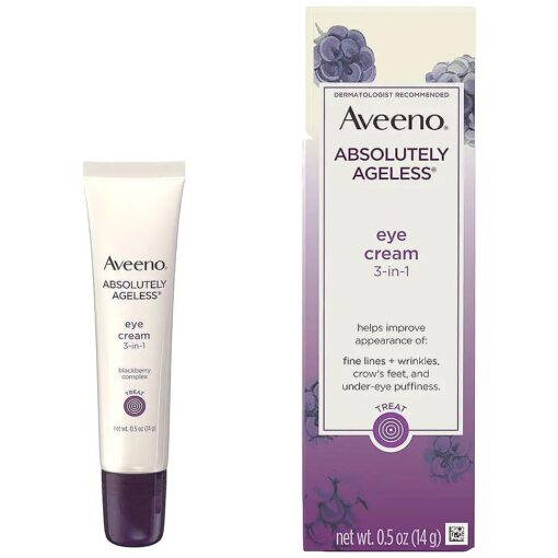 Aveeno Absolutely Ageless 3-in-1 Anti-Wrinkle Eye Cream for Fine Lines & Wrinkles, Crows Feet, & Under-Eye Puffiness, Antioxidant Blackberry Complex, Hypoallergenic, Non-Greasy, 0.5 oz