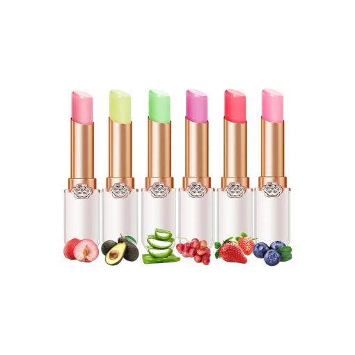 6 Pcs/Set Peach Aloe Vera Strawberry Blueberry Avocado Grape Jelly Lipstick Set Temperature Change Moisturizer flower Lip Stick Long Lasting Nutritious Lip Balm Magic Color Change Lip Gloss