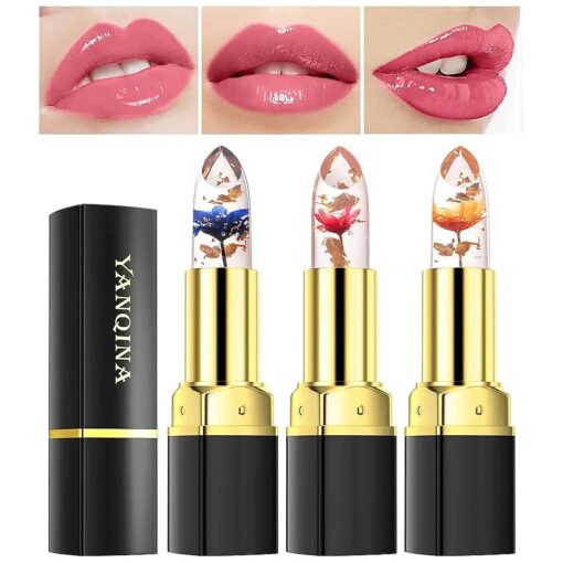 Jelly Clear Crystal Flower Magic Lipstick, Color Changing Lipstick with Flower inside, PH Temperature Color Change Tinted Lip Balm Nourishing Moisturizing Lip Stick labial magicos 3Pcs