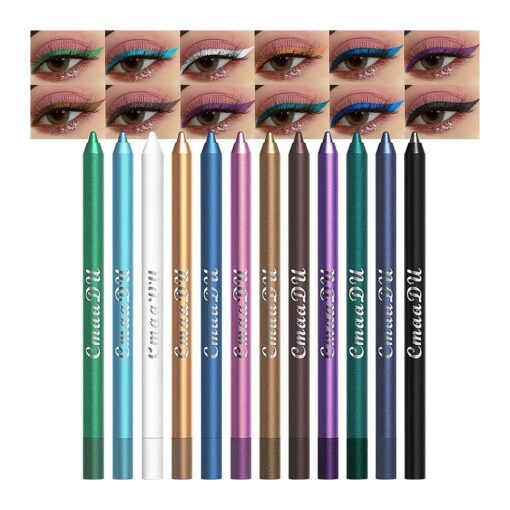 12Pcs Colored Gel Glitter Eyeliner Pencils Set Dark Light Emerald Green Sky Royal Blue Black White Pink Purple Brown Gold Eyeliner Pencils Eye Liner Liquid Liner Waterproof Smudge Proof delineadores