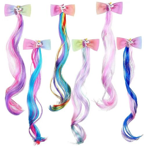 Waydress 6 Color Unicorn Bow Clip with Colored Hair Extension Glitter Butterfly Hair Clip Wigs Crazy Hair Day Accessories Curly Ponytail Hair Bow Princess Dress up Headdress Horsetail for Girl, 15"