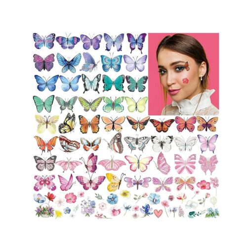 100Pcs Butterfly Temporary Tattoos for Kids Women Girls, Fake Colorful Butterflies Wings Flower Tattoo Stickers Art Waterproof for Face Body Arm Birthday Party Favors Makeup Supplies Gifts