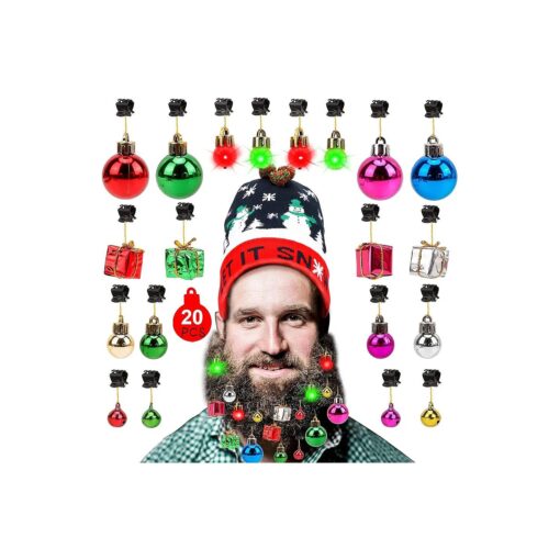 Konsait 20pcs Beard Ornaments Christmas Light Up Facial Hair Baubles Jingle Bells Beard Clips Beard Bulbs for Ugly Sweater Party Christmas Office Social Events New Year Festival Gift Christmas Decor