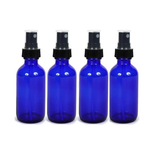 Cobalt Blue Glass Spray Bottle ( 2 oz, 4 pk ) with BONUS Waterproof Labels, Fine Mist Sprayer, for Essential Oils, Colognes & Perfumes