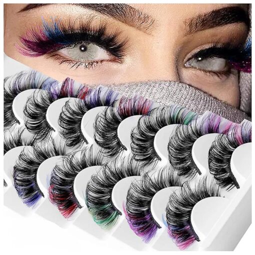 Colored Eyelashes Mink Lashes With Color on End, Fluffy Colorful Lash Clusters, Dramatic Long Thick Cat Fox Eye Lashes Full Curly False Eyelash, 3d D Curl Salon Extensions Strip Pack 7 Pairs