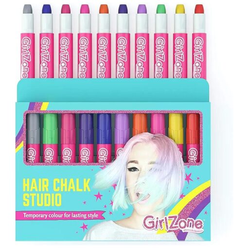 GirlZone Hair Chalks Set, 10-Piece Temporary Hair Chalk For Kids, Easy to Apply and Remove Temporary Hair Color for Kids Dress Up Parties, Role Play, Gift-Ready Vibrant Girls Hair Chalk Set