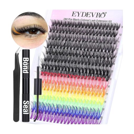 Lash Extension Kit Colored Lash Clusters DIY Eyelash Extension Kit 6 Colors Rainbow Individual Lashes with Bond and Seal and Lash Applicator Colorful Lash Extensions 8-16mm Mixed D Curl Cluster Lashes ( Black+Colored ) by EYDEVRO