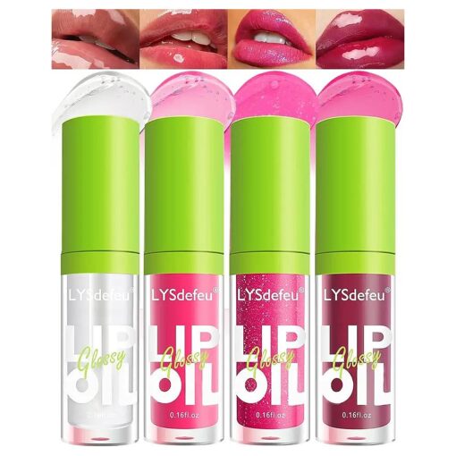 4 Colors Lip Oil Lip Glaze, Hydrating Tinted Plumping Lip Gloss, Fat Lip Oil Drip, Big Brush Head Clear Pink Shiny Glow Reviver Lip Care Oil, Long Lasting Non-sticky Transparent Lip Oil, Makeup Gift-SetA