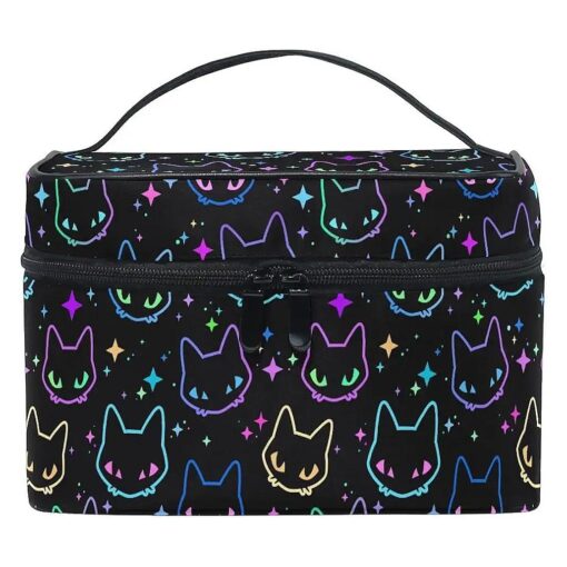 Goth Makeup Bag, Colorful Neon Cat Heads Makeup Organizer Bags Toiletry Bag Box Travel Cosmetic Bag Make Up Train Case for Women Teen Girl Ladies