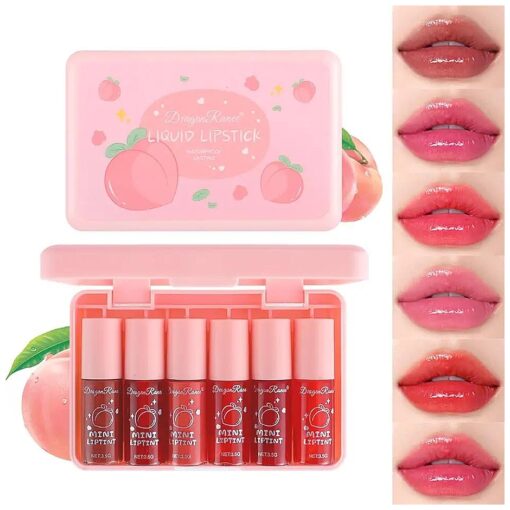 6 Colors Peach Lip Tint Stain Set, Korean Lip Tint Lip Stain Lip Gloss Mini Liquid Lipstick Set, Multi-Use Lip and Cheek Tint, Long Lasting, Waterproof, High Pigment, Vivid Color, Lip Tint Makeup