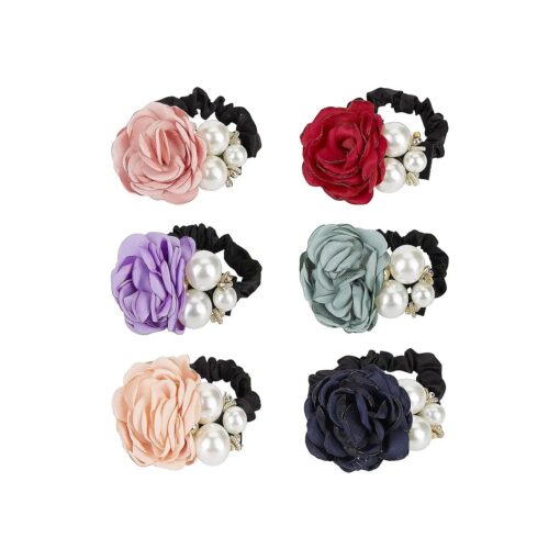 Lawie 6 Pack Colorful Handmade Pearl Rhinestone Rose Flower Hair Bows Elastics Bands Bubble Hair Ties Stretchy Rubber Hairbands Floral Headbands Scrunchies Ponytail Holder Accessories for Women Girl